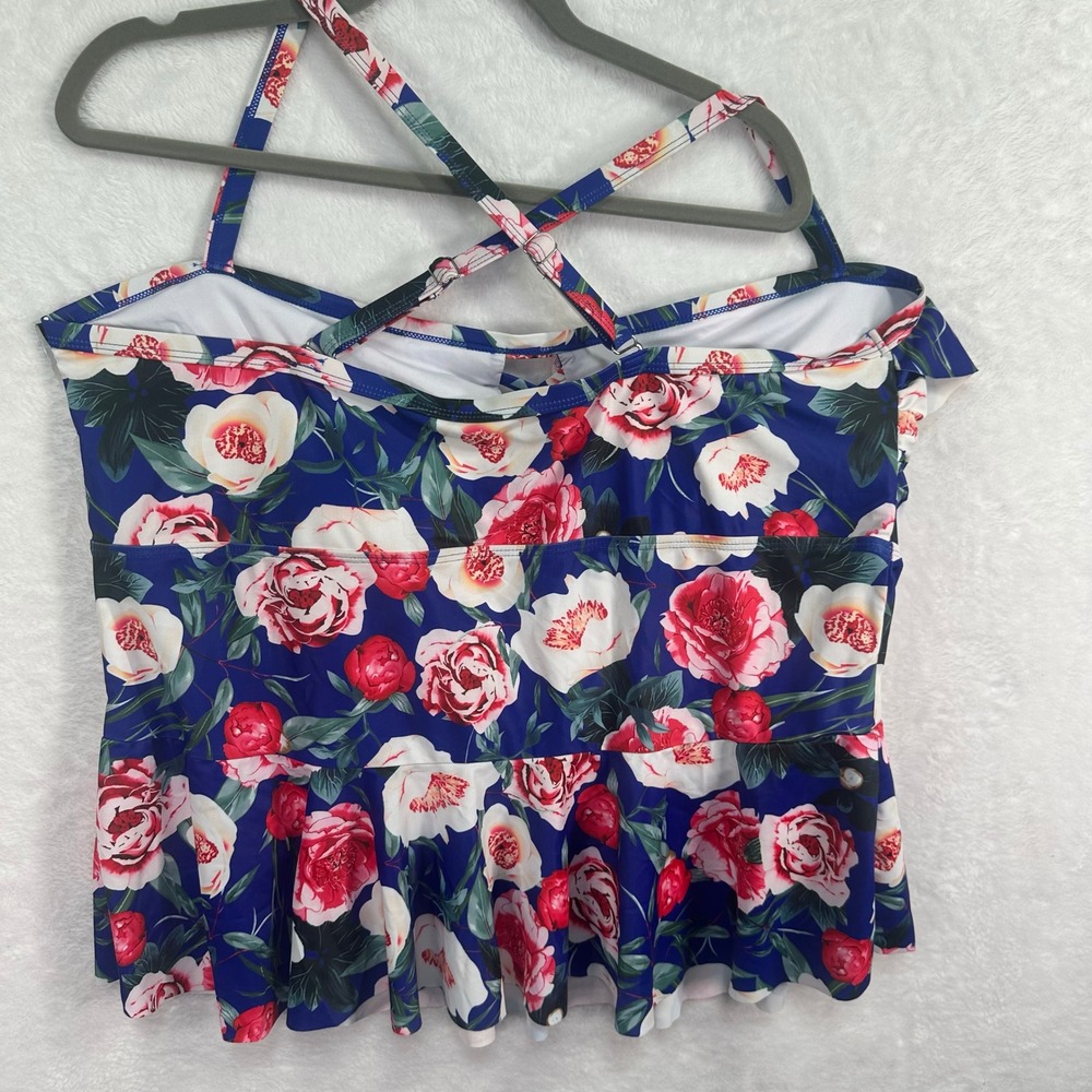 Tankini Swimsuit Women 4XL Blue Floral Two Piece Adjustable Straps Peplum Top - Picture 7 of 10